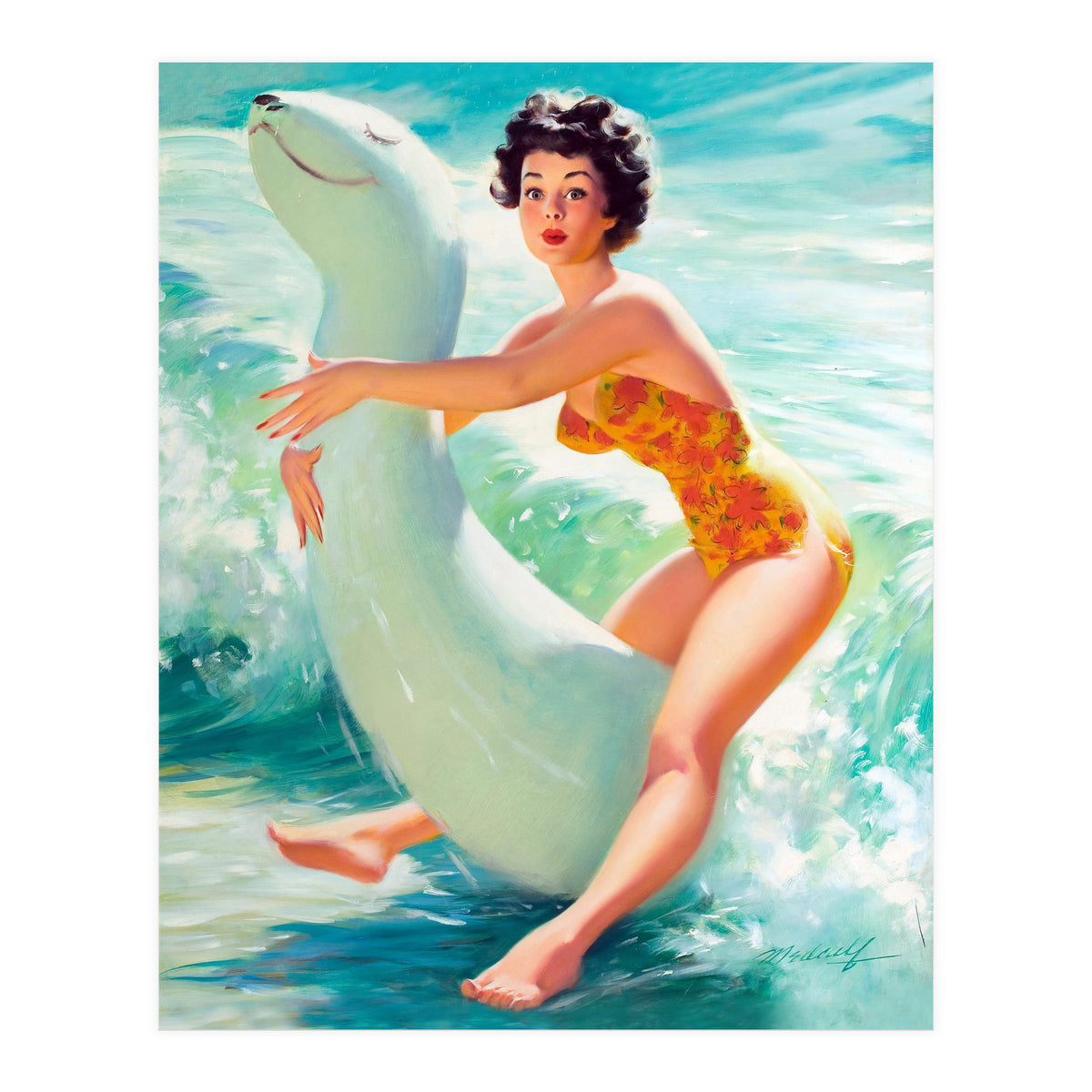 Happy Pinup Girl On The Beach Hugging Her Rubber Toy (Print Only)