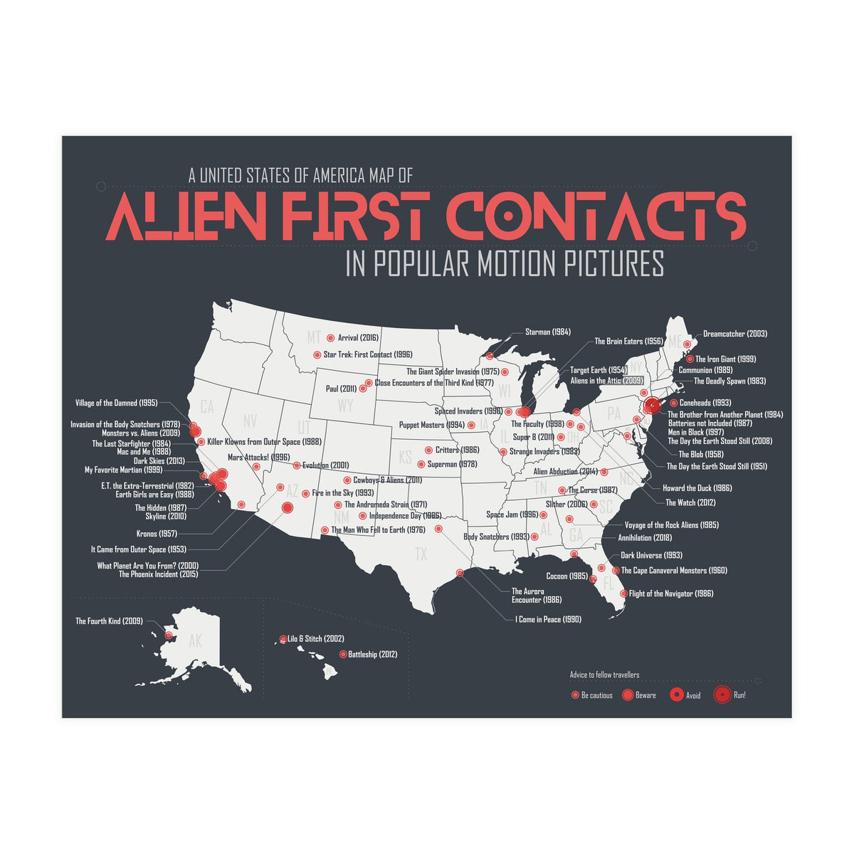 USA Map of Alien First Contacts in Movies (Print Only)