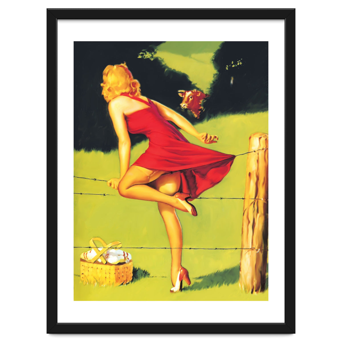 Pinup Girl In Red Dress Crossing The Barbed Wire While Looking At The Bull