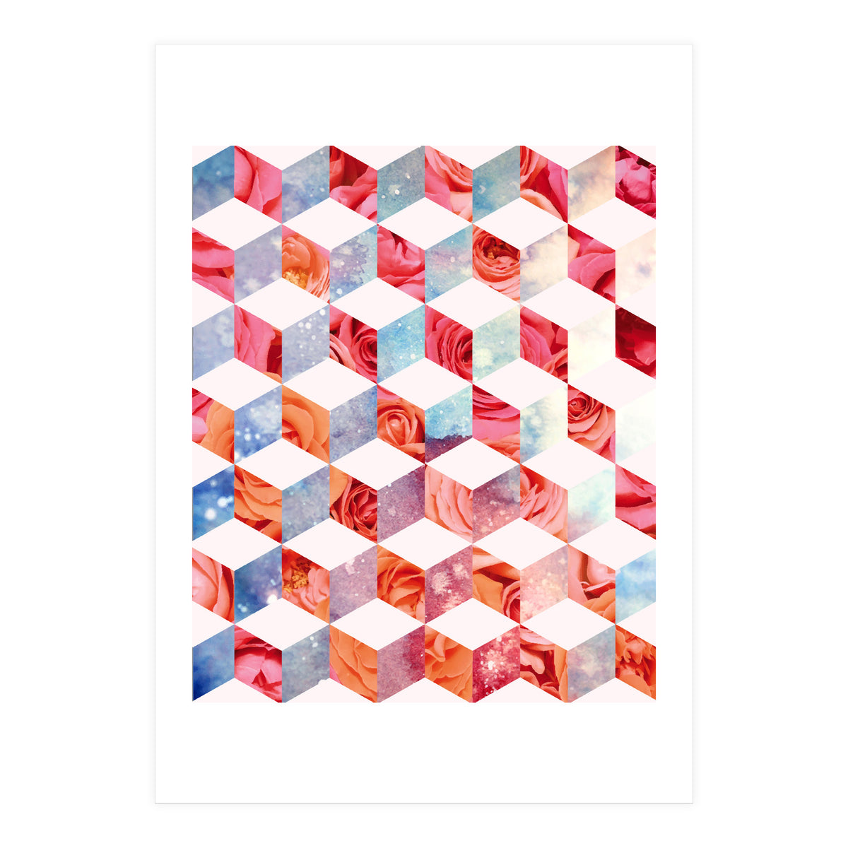 Eve's Sweet Garden of Roses, Geometrical Eclectic Shapes Digital Collage, Surrealism Floral illusion (Print Only)