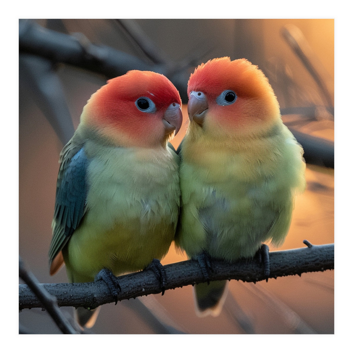 Two Lovebirds Perched On A Branch At Sunset (Print Only)