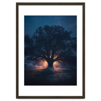 Ancient Mystical Oak Silhouette at Twilight with Ethereal Wisps