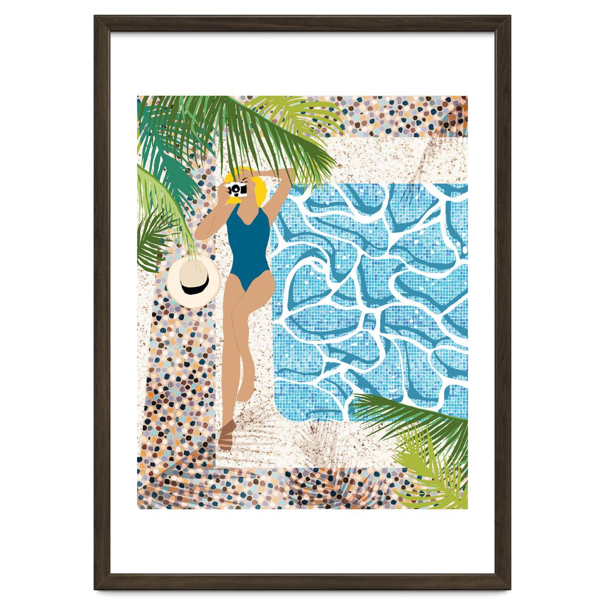 Click, Summer Travel Poolside Swim, Moroccan Tiles Staycation Vacation Holiday, Bohemian Woman Swimsuit Fashion Pose