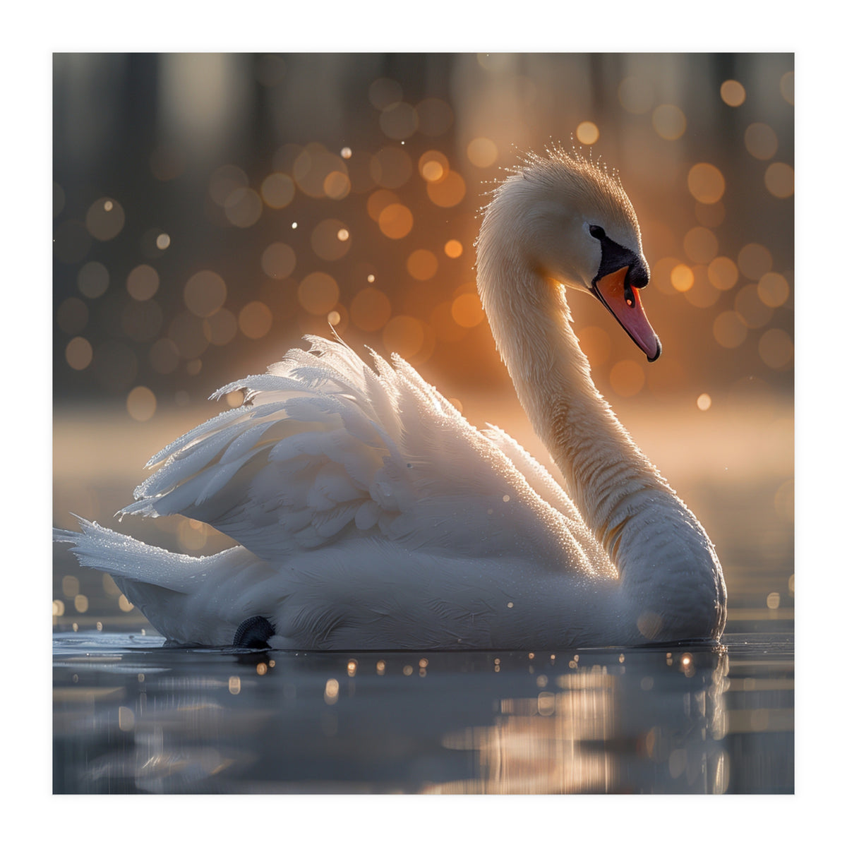 Majestic Swan Gliding On Water During Sunset Golden Hour Wildlife (Print Only)