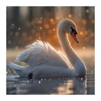 Majestic Swan Gliding On Water During Sunset Golden Hour Wildlife (Print Only)