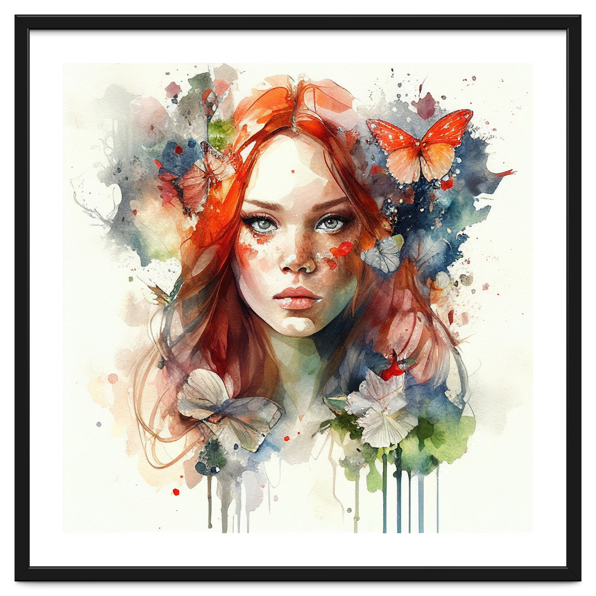 Watercolor Floral Red Hair Woman #7