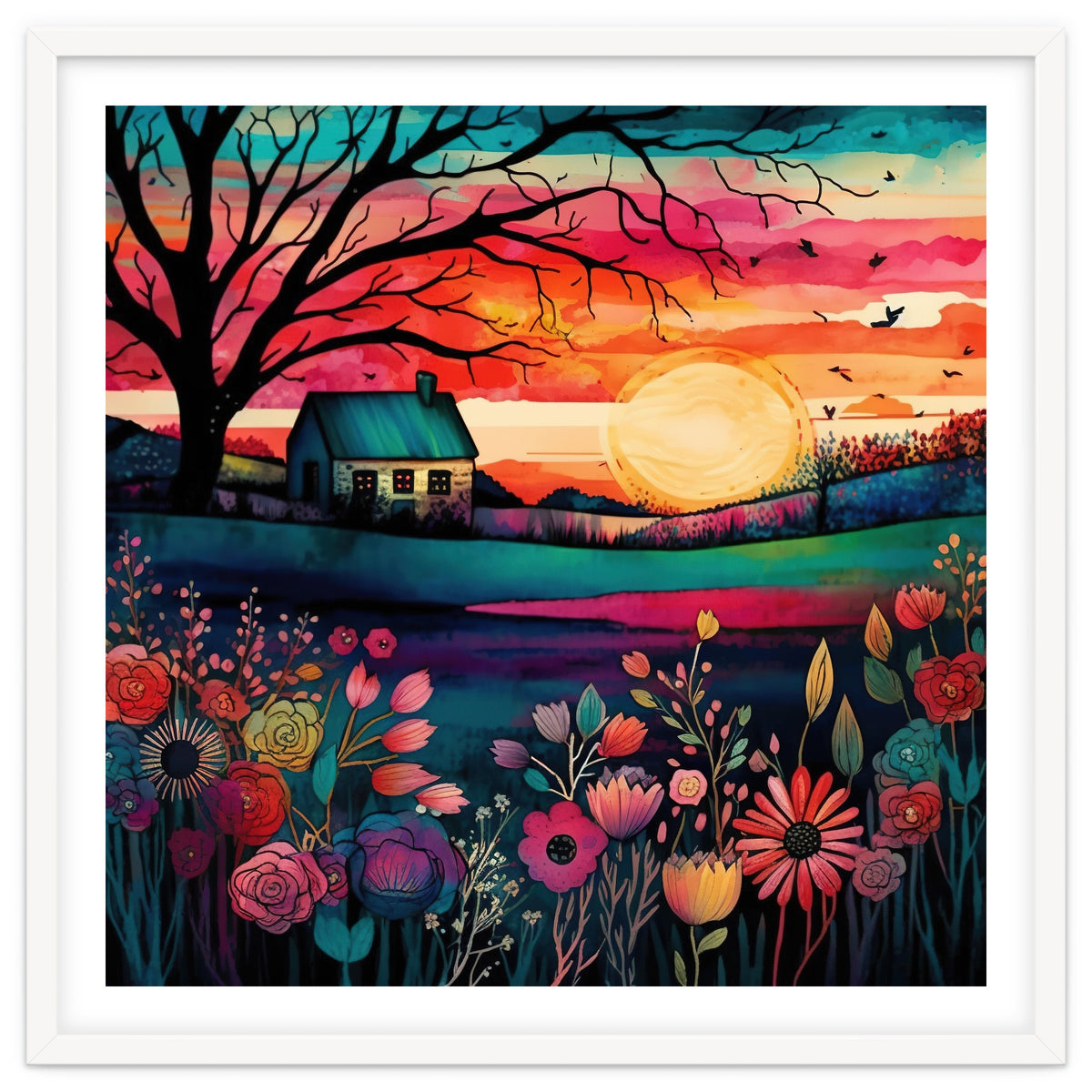 Watercolor Folk Art Sunset Landscape