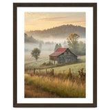 Rustic Red Roof Barn in Misty Morning Valley Landscape thumbnail