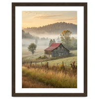 Rustic Red Roof Barn in Misty Morning Valley Landscape