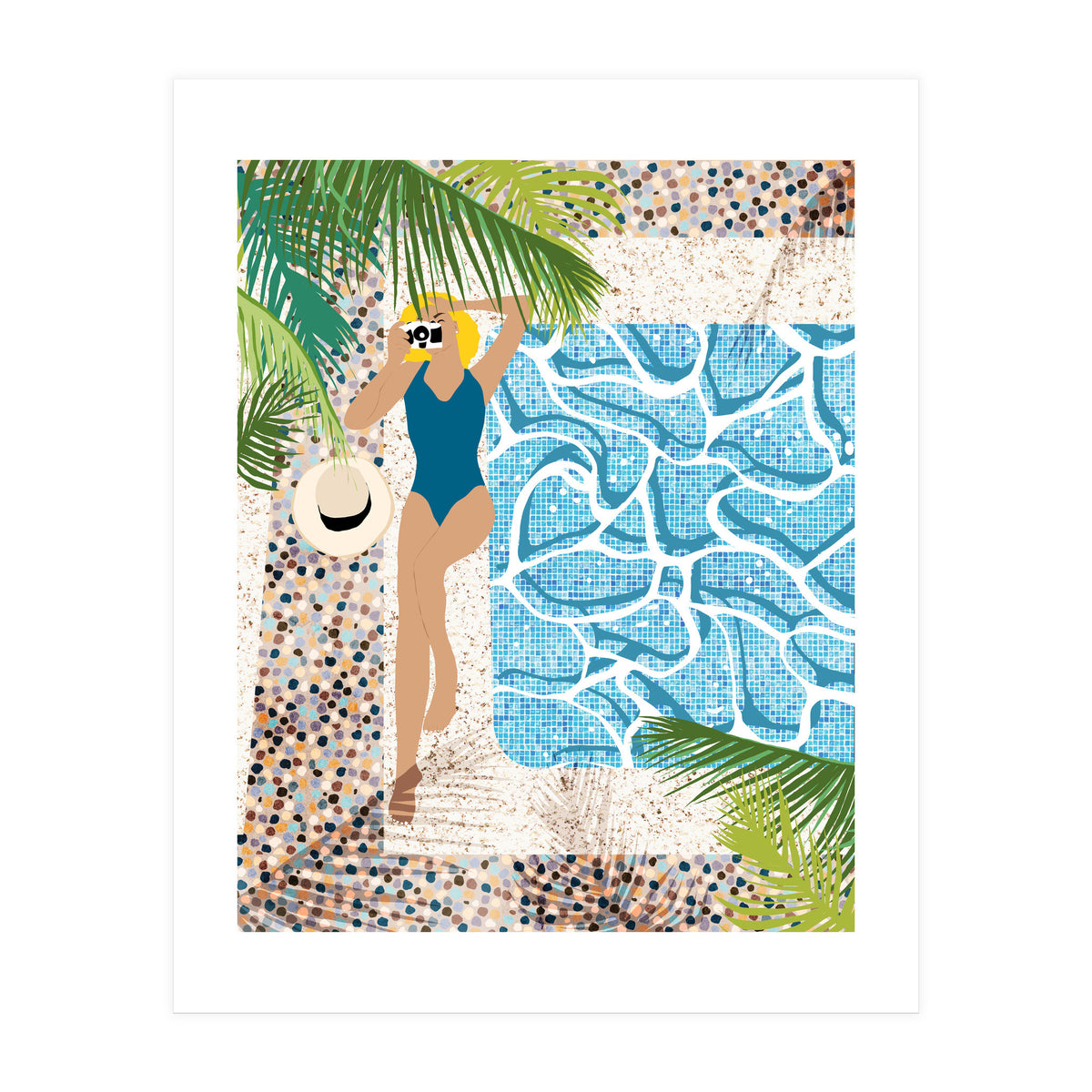 Click, Summer Travel Poolside Swim, Moroccan Tiles Staycation Vacation Holiday, Bohemian Woman Swimsuit Fashion Pose (Print Only)