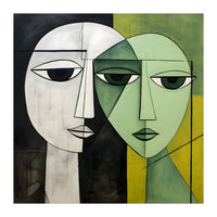 DYNAMIC FUSION, Two abstract heads converge - vibrant green tones intertwine with cool grey hues, a dance of contrast and connection. (Print Only)