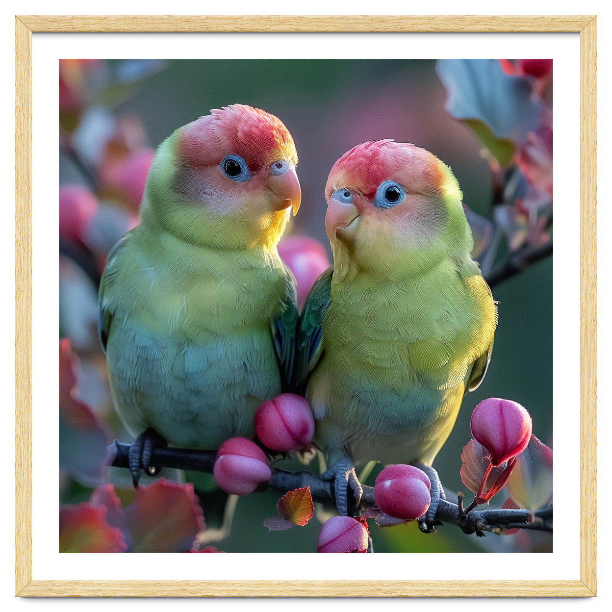 Two Lovebirds On A Branch Surrounded By Berries