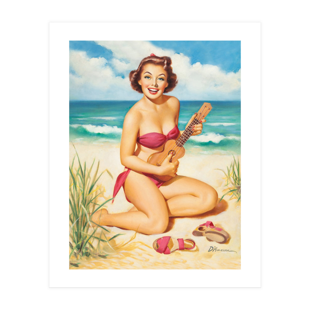Pinup Girl Playing Ukulele On The Beach (Print Only)