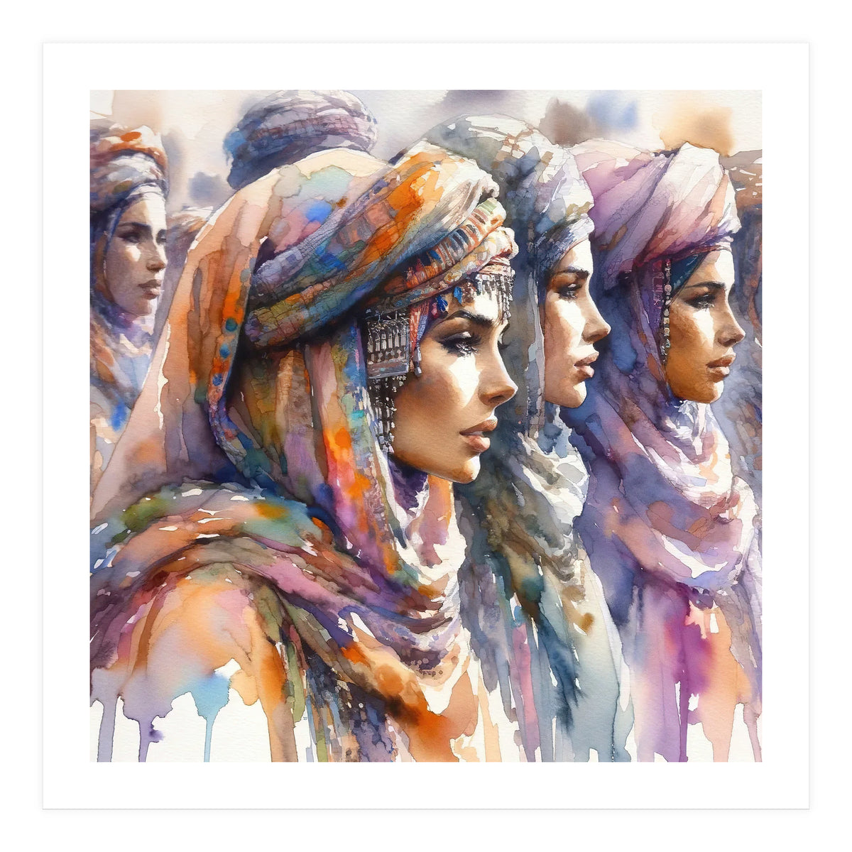 Tuareg Women Procession Watercolor (Print Only)
