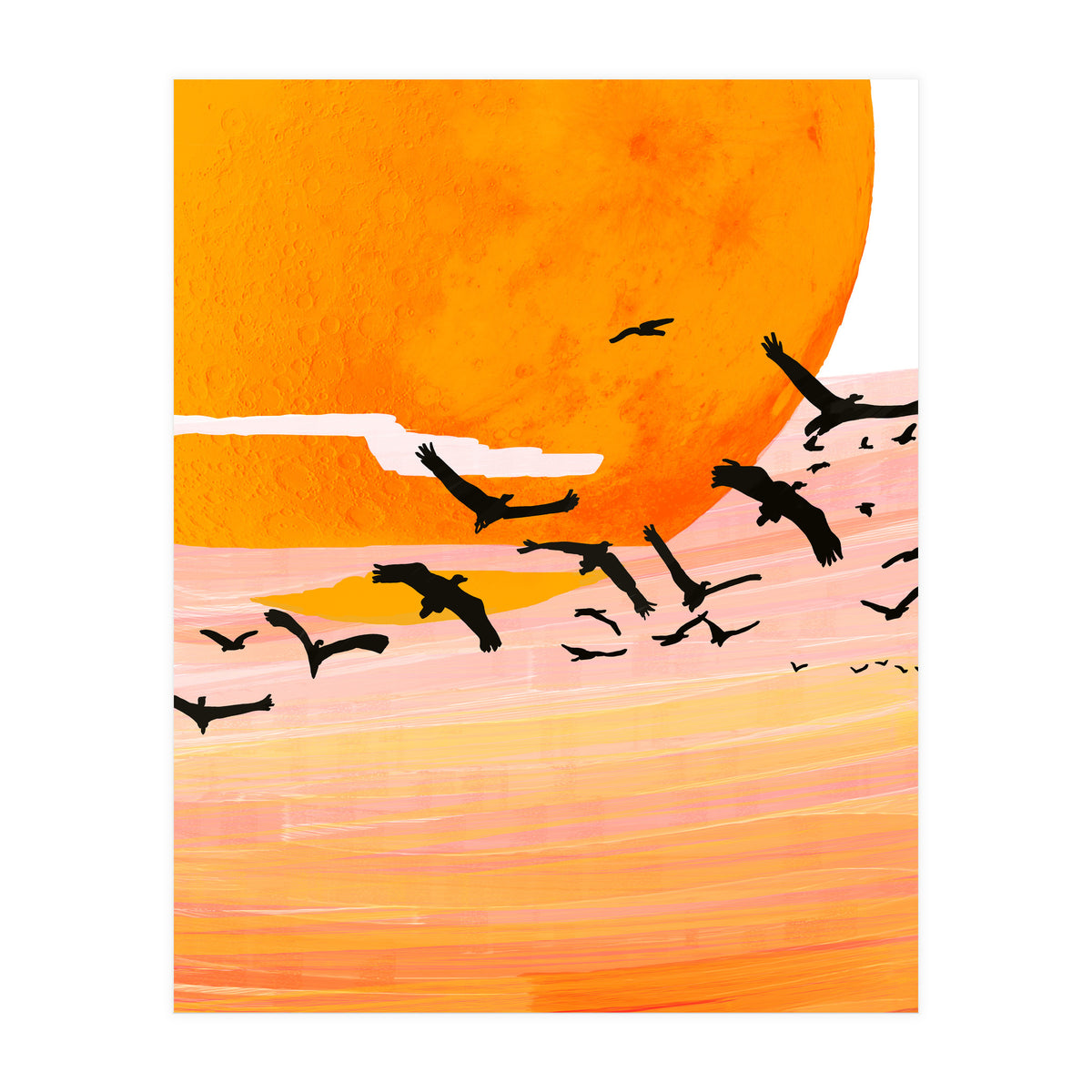 Time Flies, Birds Wildlife Fly Freedom Nature, Sun Sunset Sunrise Positivity Hope Painting, Growth Migrate Gift Animals Blush Sky Bohemian (Print Only)