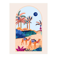 The Arabian Desert, Nature Landscape Travel Illustration, Camels Eclectic Sand Dunes Dubai Palm, Sahara Middle East Hot Summer Animals Bohemian (Print Only)
