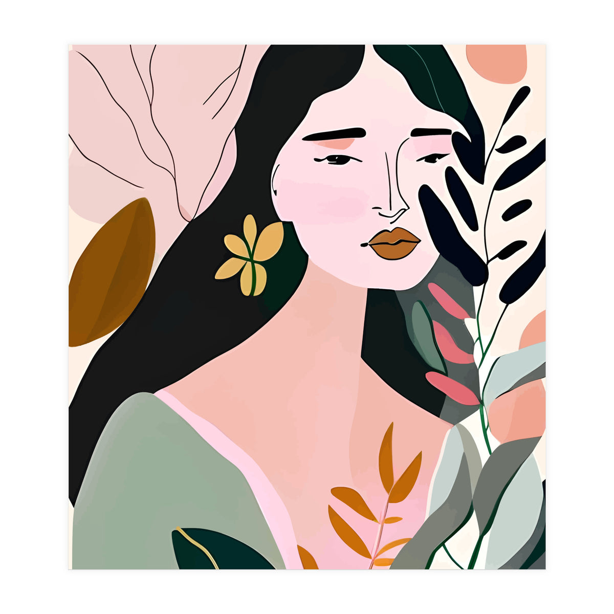 Reinvent, Beautiful Woman Girl Pastel Line Art, Minimal Botanical Nature Portrait, Modern Bohemian Drawing Nomadic Summer Self Love (Print Only)