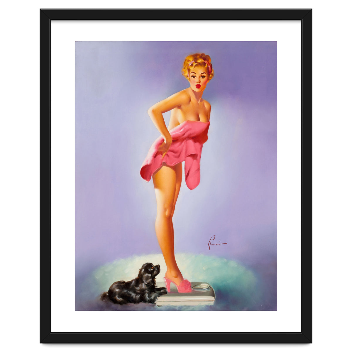 Pinup Girl On A Scale With Her Little Black Dog Behind