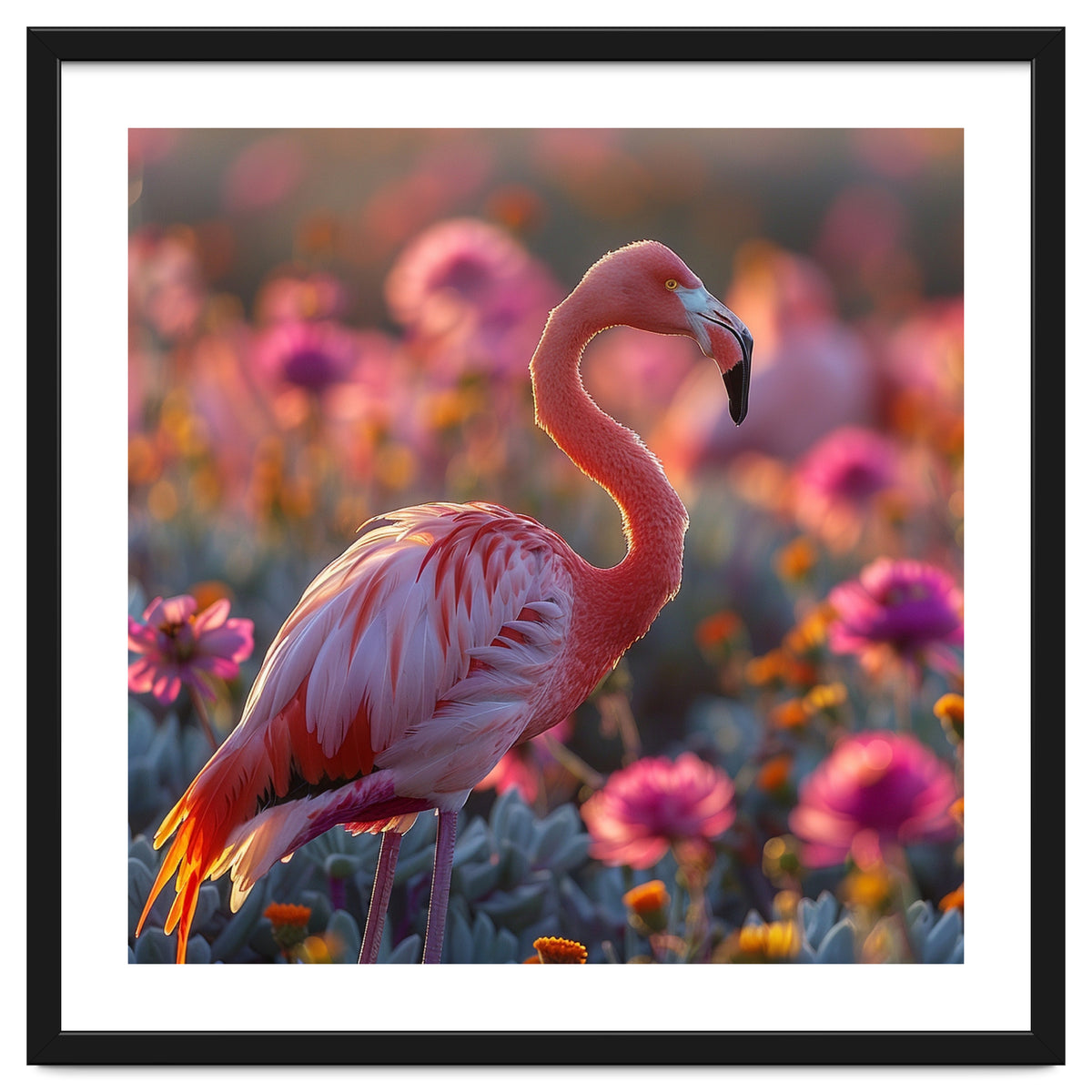 Pink Flamingo Standing In A Field Of Flowers