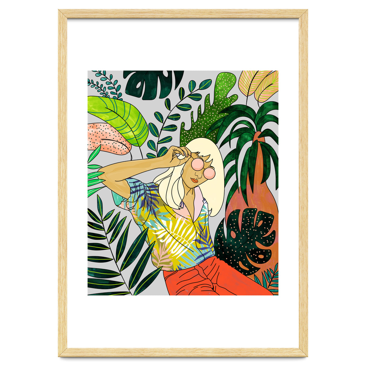 Spring Break, Tropical Bohemian Travel Line Art, Woman Fashion Palm Forest Jungle Watercolor Nature