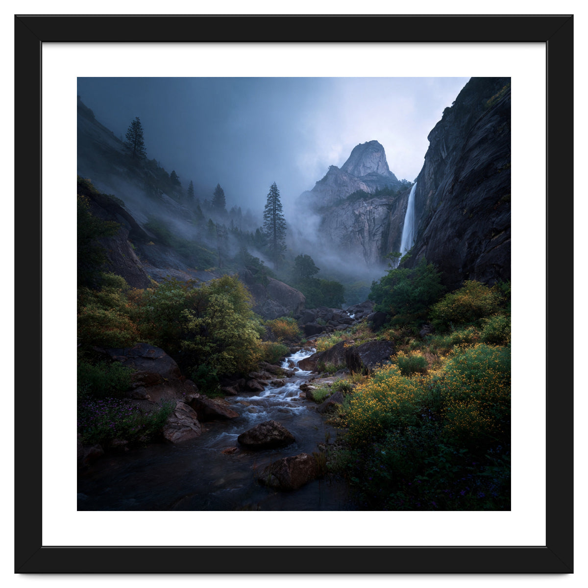 Majestic Misty Mountain Valley with Cascading Waterfall
