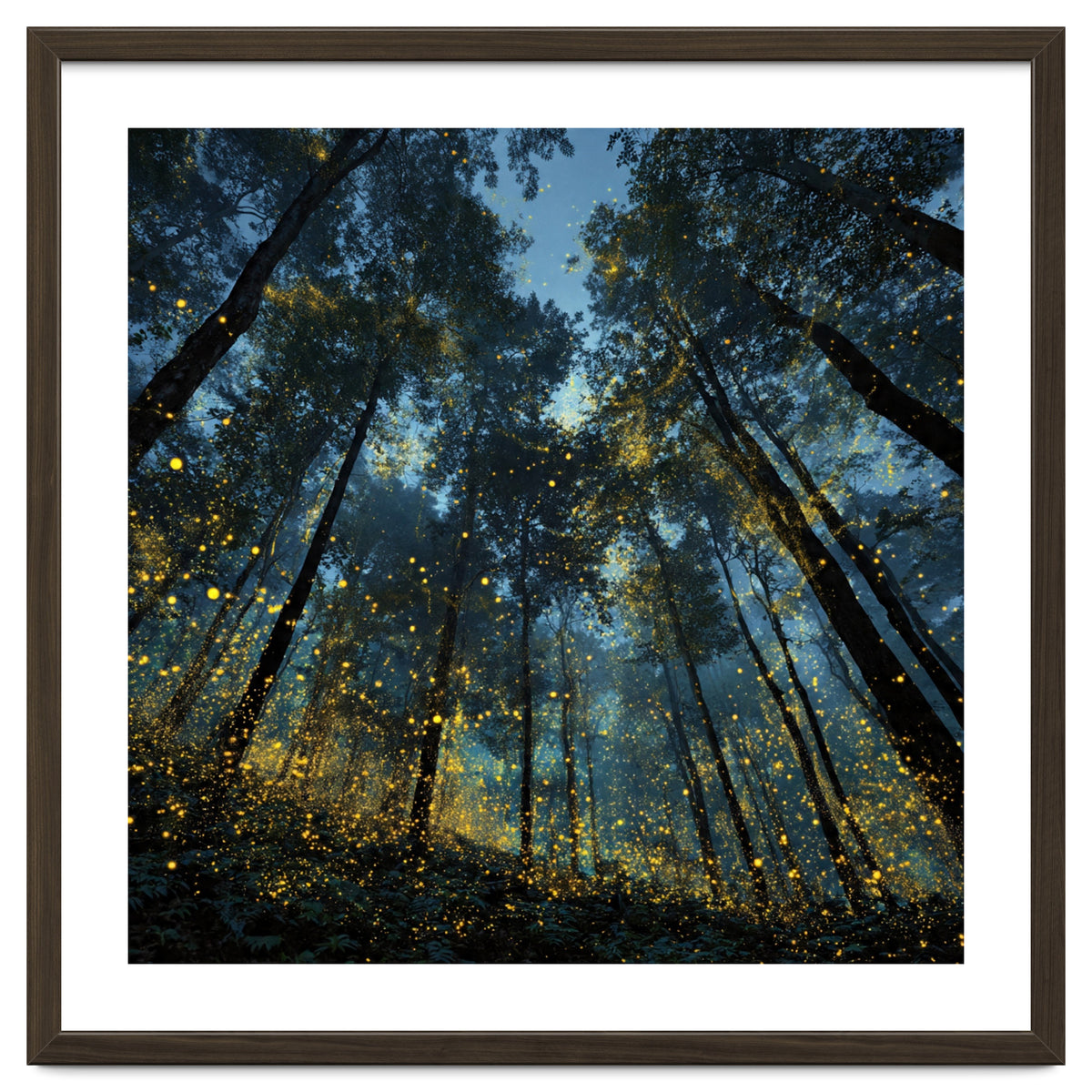 Celestial Forest Canopy with Swirling Golden Fireflies and Deep Twilight Blue Sky Digital Art