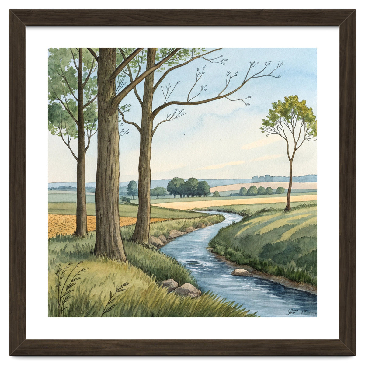 Pastoral Countryside Watercolor Painting with Winding Stream Meadows and Deciduous Trees Landscape