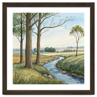 Pastoral Countryside Watercolor Painting with Winding Stream Meadows and Deciduous Trees Landscape