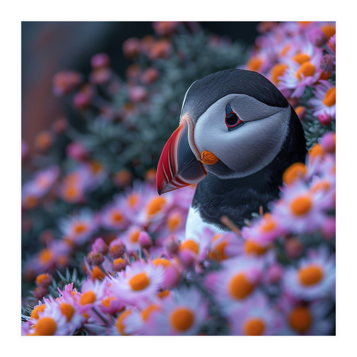 Puffin Bird Among Pink Flowers  (Print Only)