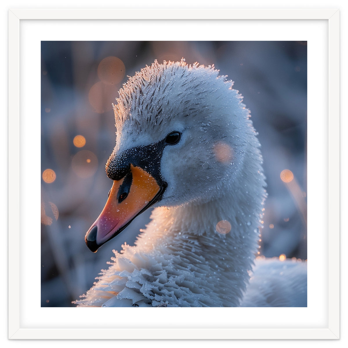 Close Up Frosty Swan Head During Golden Hour