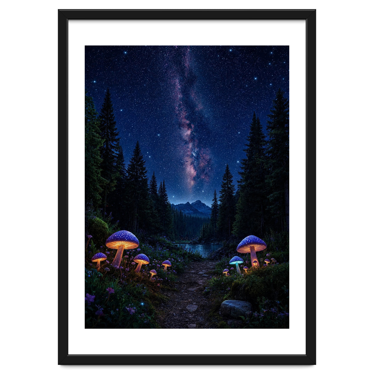 Enchanted Midnight Forest: Glowing Mushrooms and Milky Way