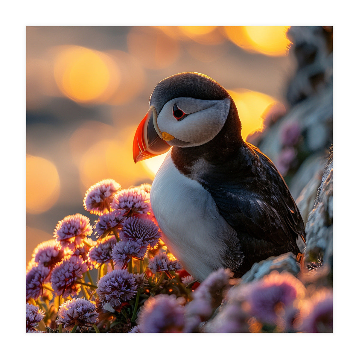 Puffin Bird Amidst Purple Flowers Golden Hour (Print Only)