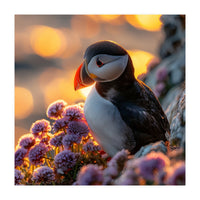 Puffin Bird Amidst Purple Flowers Golden Hour (Print Only)