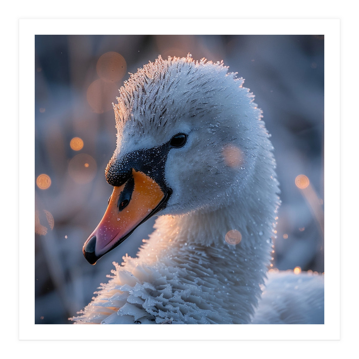 Close Up Frosty Swan Head During Golden Hour (Print Only)