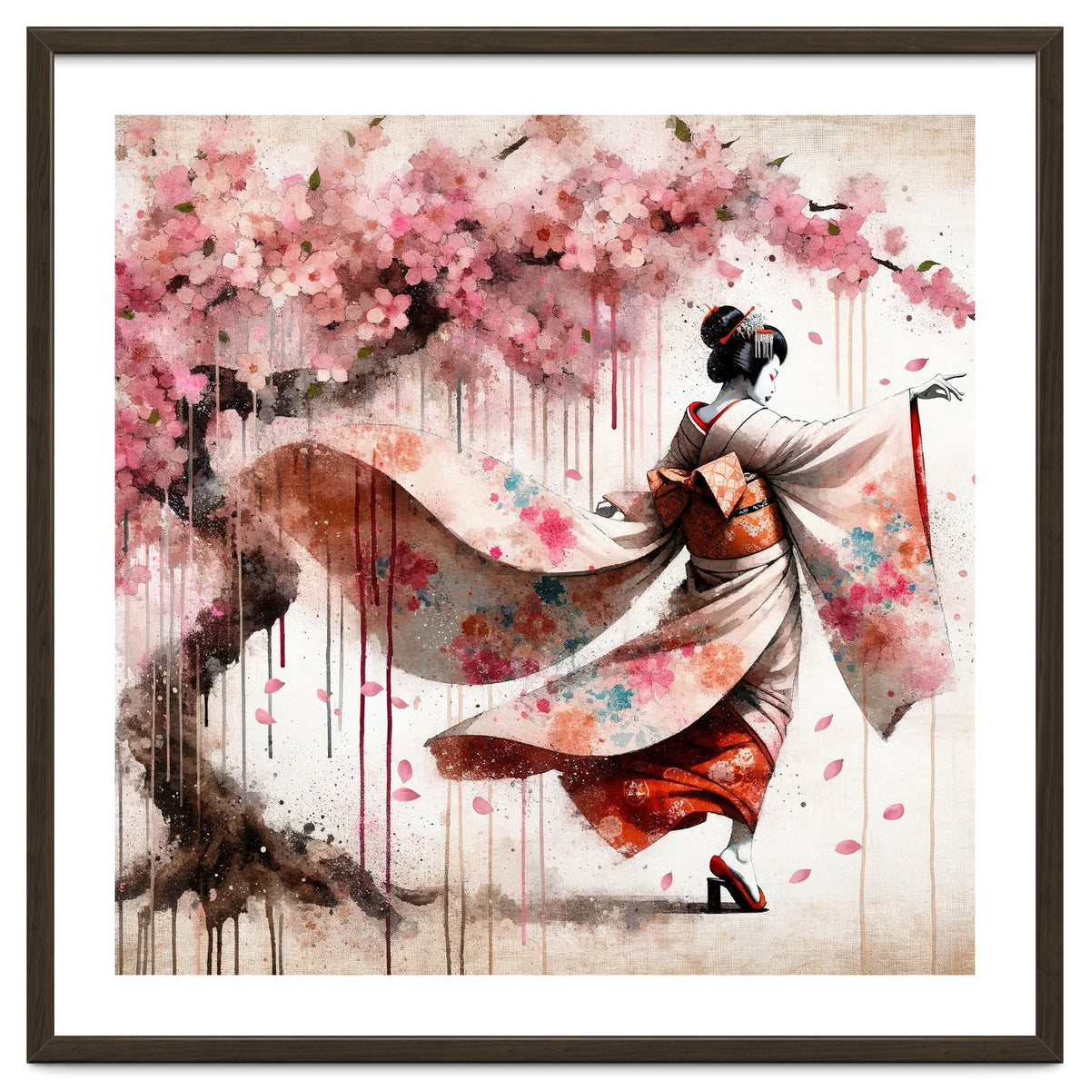 Geisha Under Cherry Blossoms In Motion