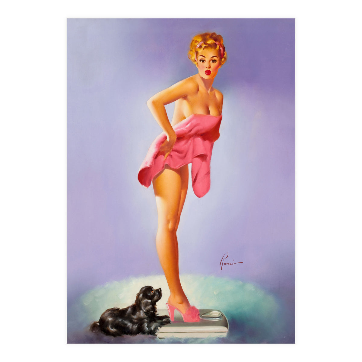Pinup Girl On A Scale With Her Little Black Dog Behind (Print Only)