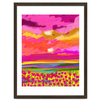 Two Suns, Pink Nature Painting Sky, Maximalist Landscape Pop Of Color Eclectic, Sunrise Sunset Meadow Boho Modern Contemporary
