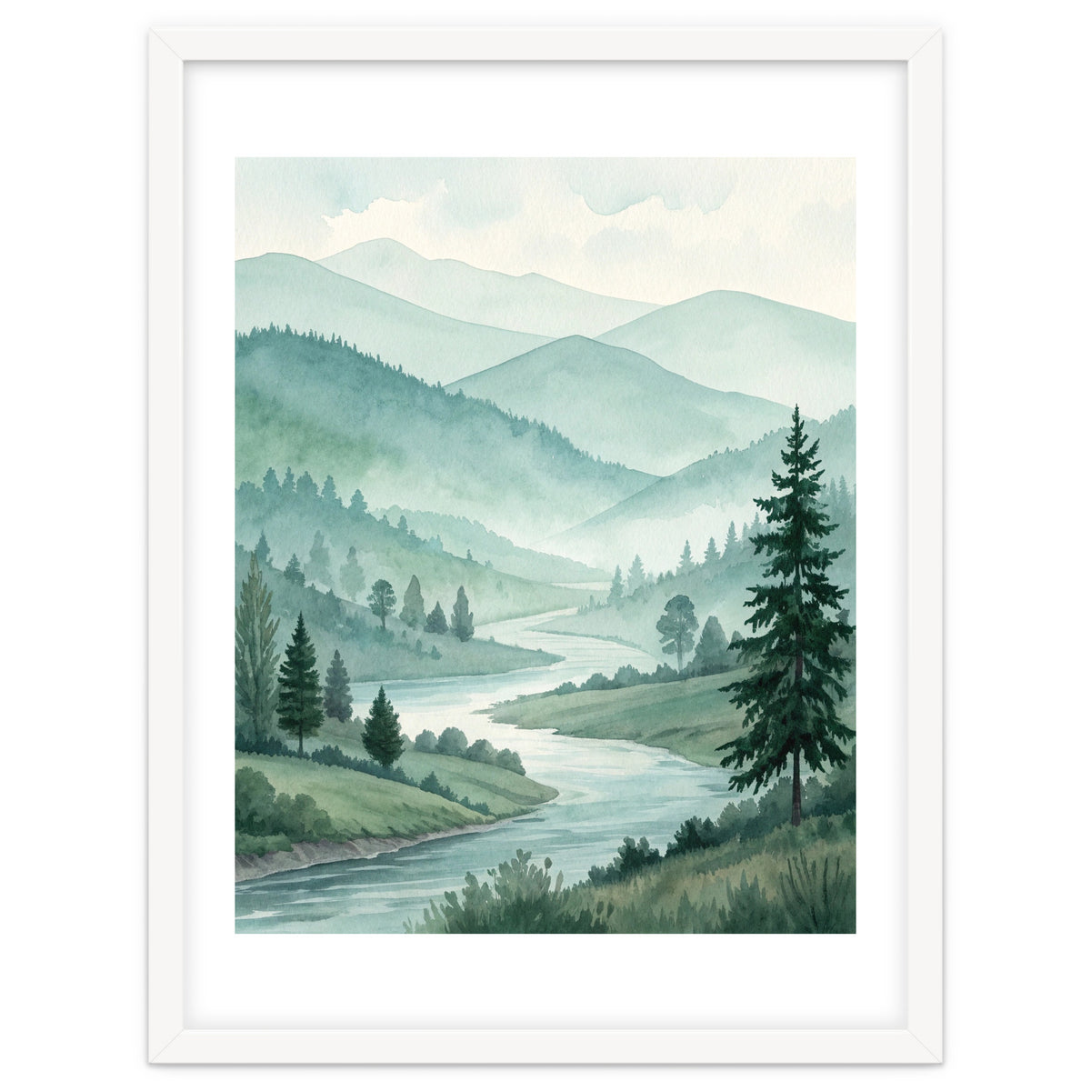 Serene Misty Mountain Valley Watercolor Painting