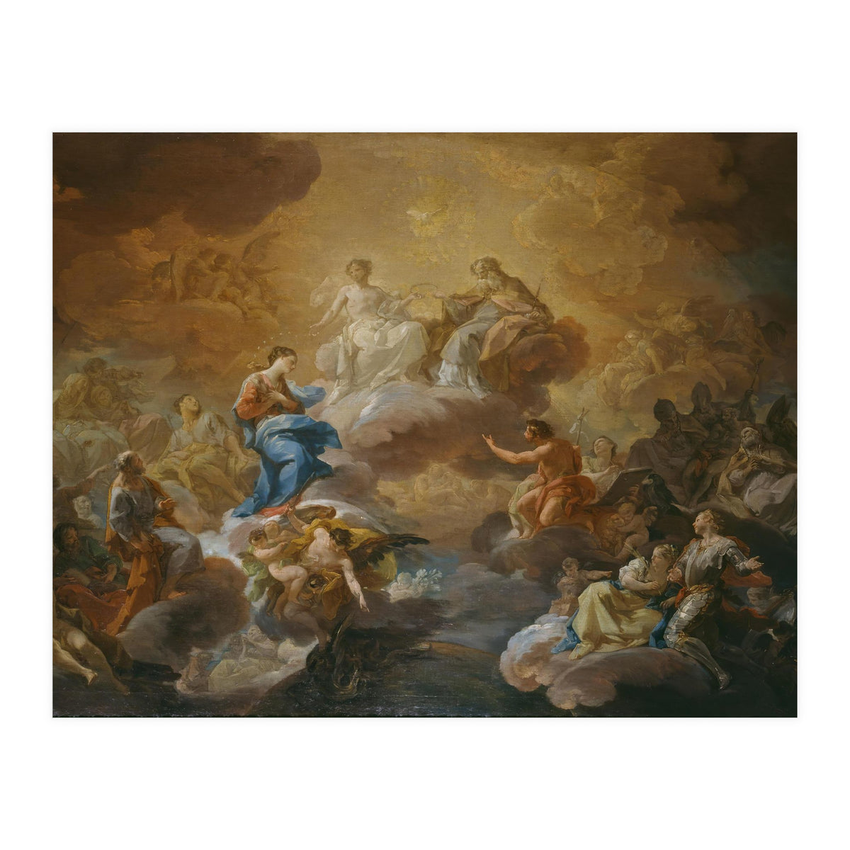 Corrado Giaquinto / 'La Santísima Trinidad, la Virgen y santos', 1755-1756, Italian School. (Print Only)