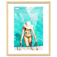 Pool Fashion | Modern Bohemian Woman Swim Watercolor Painting | Contemporary Travel