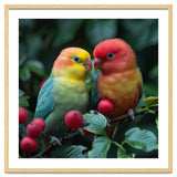 Lovebirds Perched Amidst Red Berries And Green Foliage thumbnail