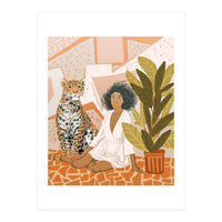 House Guest | Modern Bohemian Black Woman | Urban Jungle Decor | Wild Cat Leopard Pet | Plant Lady (Print Only)