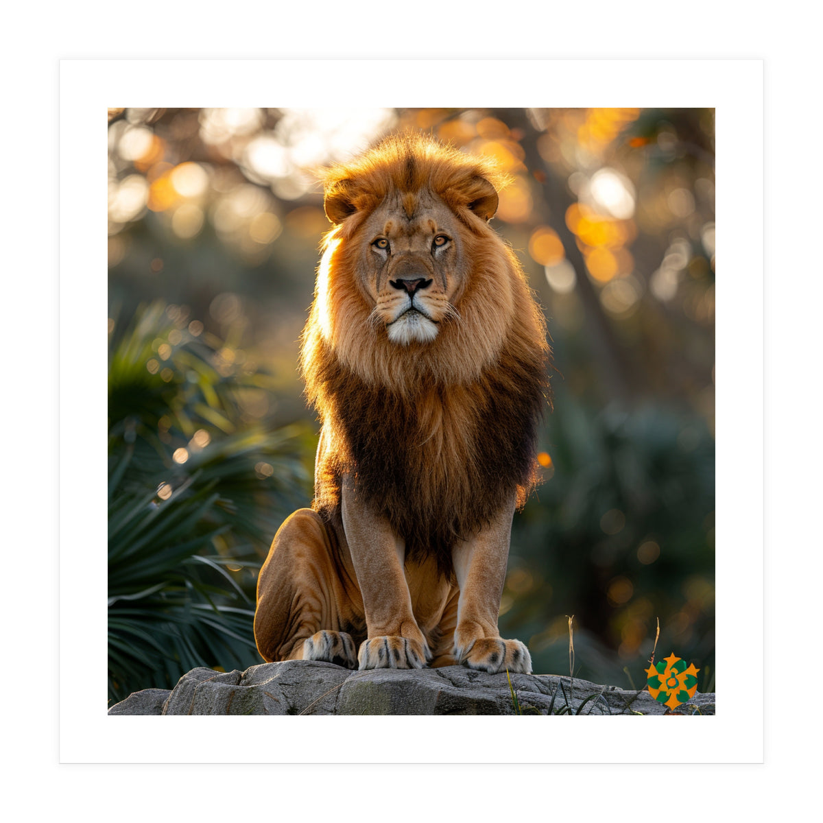 Majestic Lion Sitting On A Rock At Sunset (Print Only)
