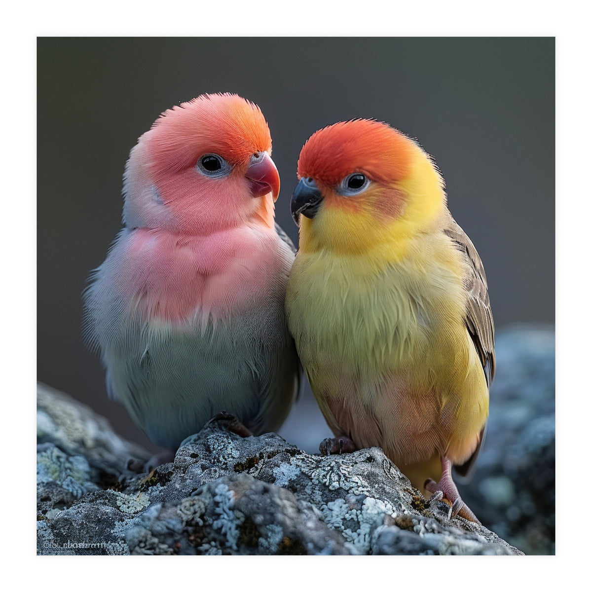 Pair Of Lovebirds Sitting On Rocks (Print Only)