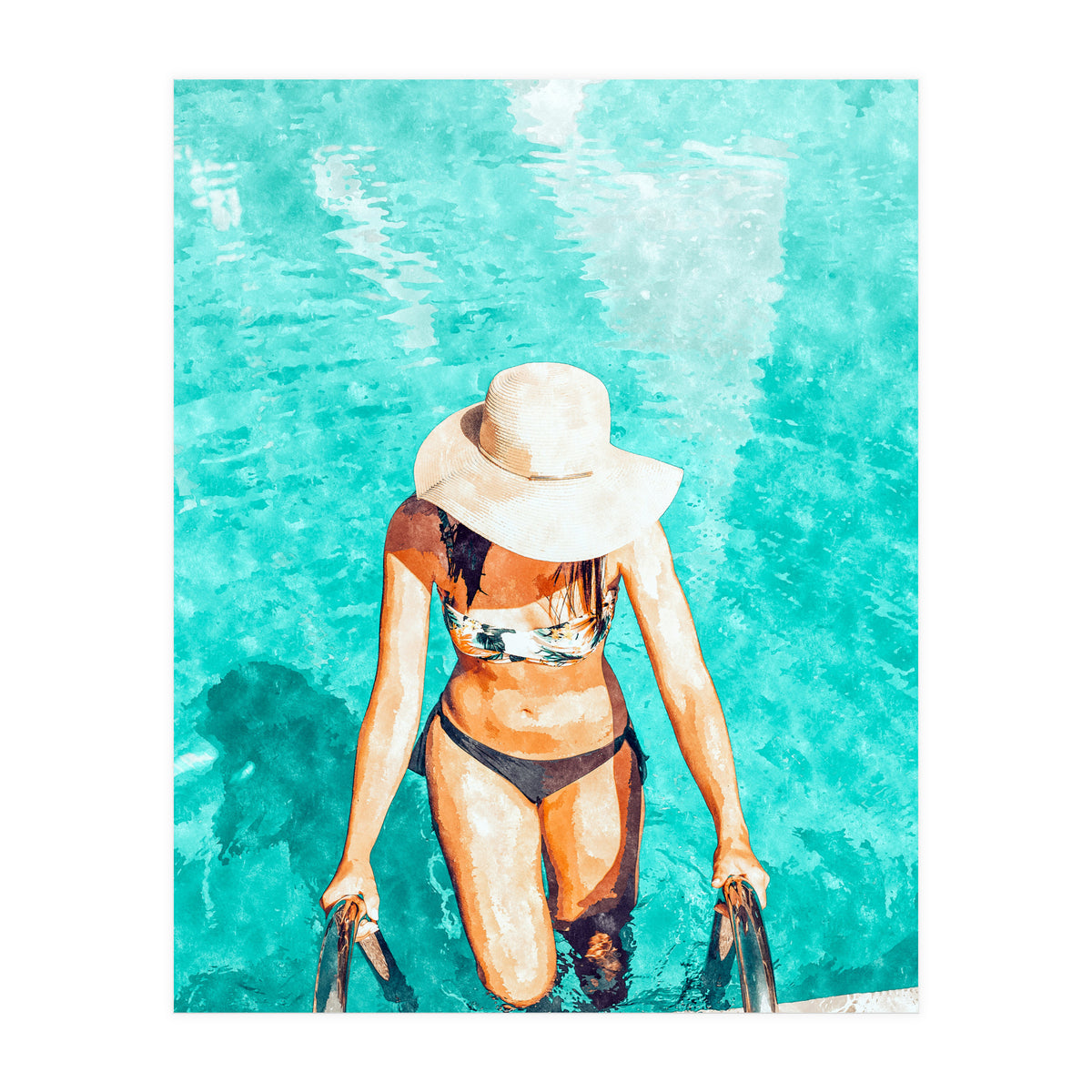 Pool Fashion | Modern Bohemian Woman Swim Watercolor Painting | Contemporary Travel (Print Only)