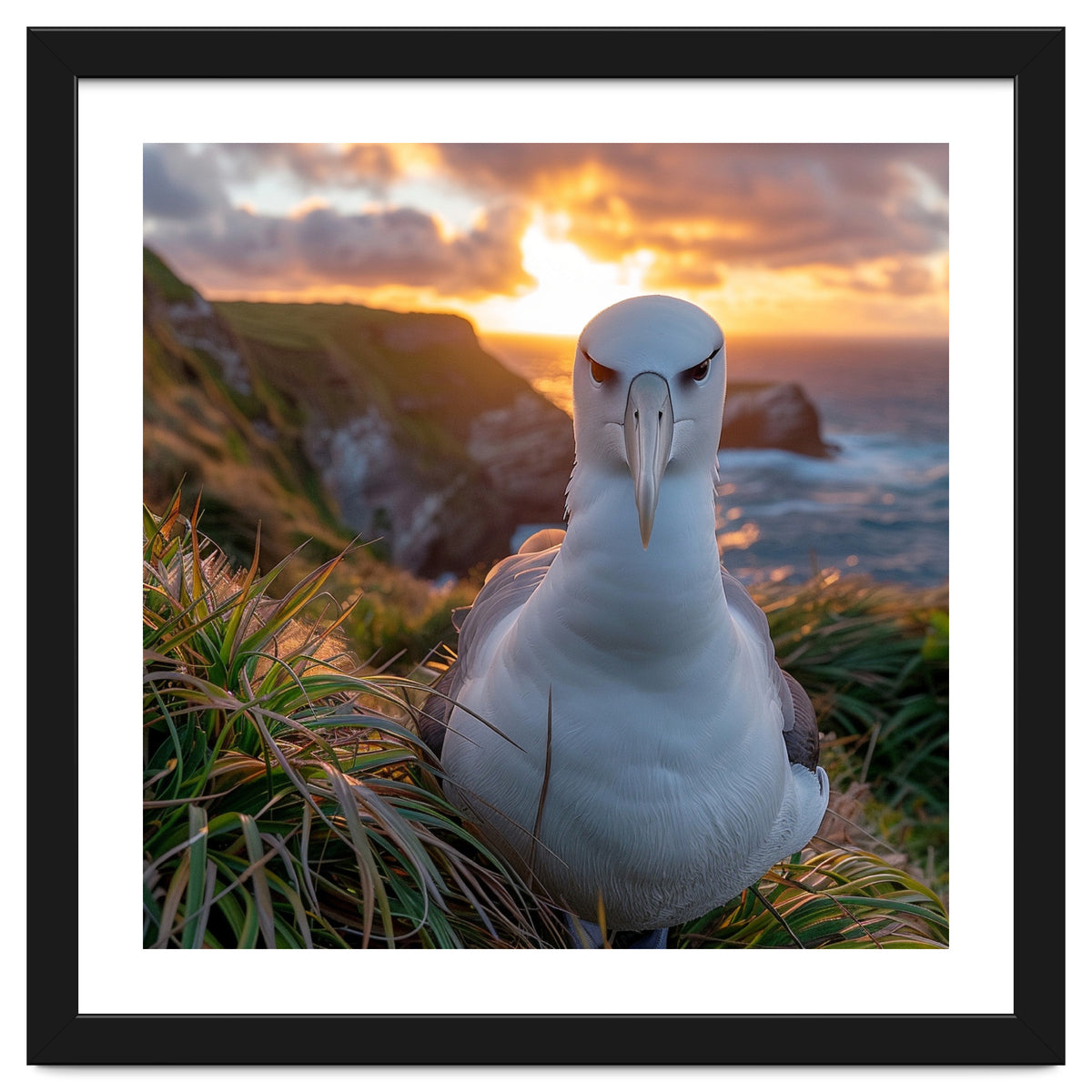 Albatross Bird On Grassy Cliff At Sunset