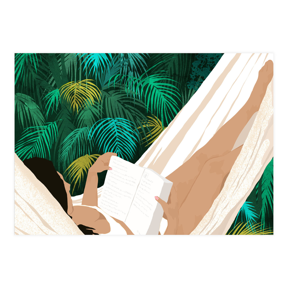 Summer Hammock Reading, Tropical Jungle Travel, Watercolor Nature Bohemian Forest Plants, Palm Beach (Print Only)