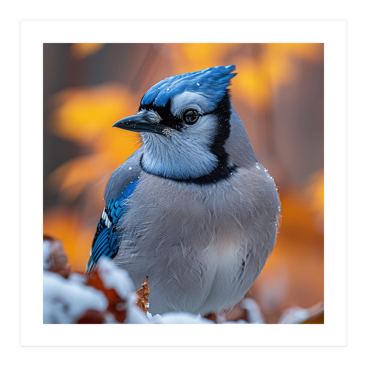 Blue Jay Bird In Winter Snowfall And Leaves (Print Only)