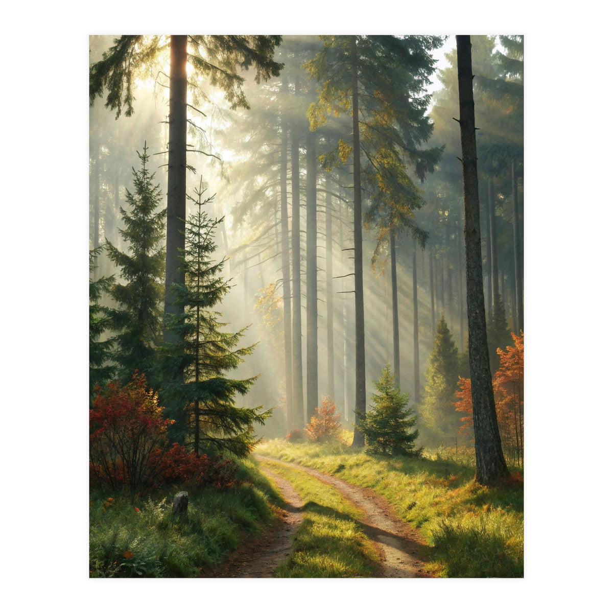 The Golden Path: Ethereal Sunbeams Piercing Through a Misty Evergreen Forest at Dawn (Print Only)