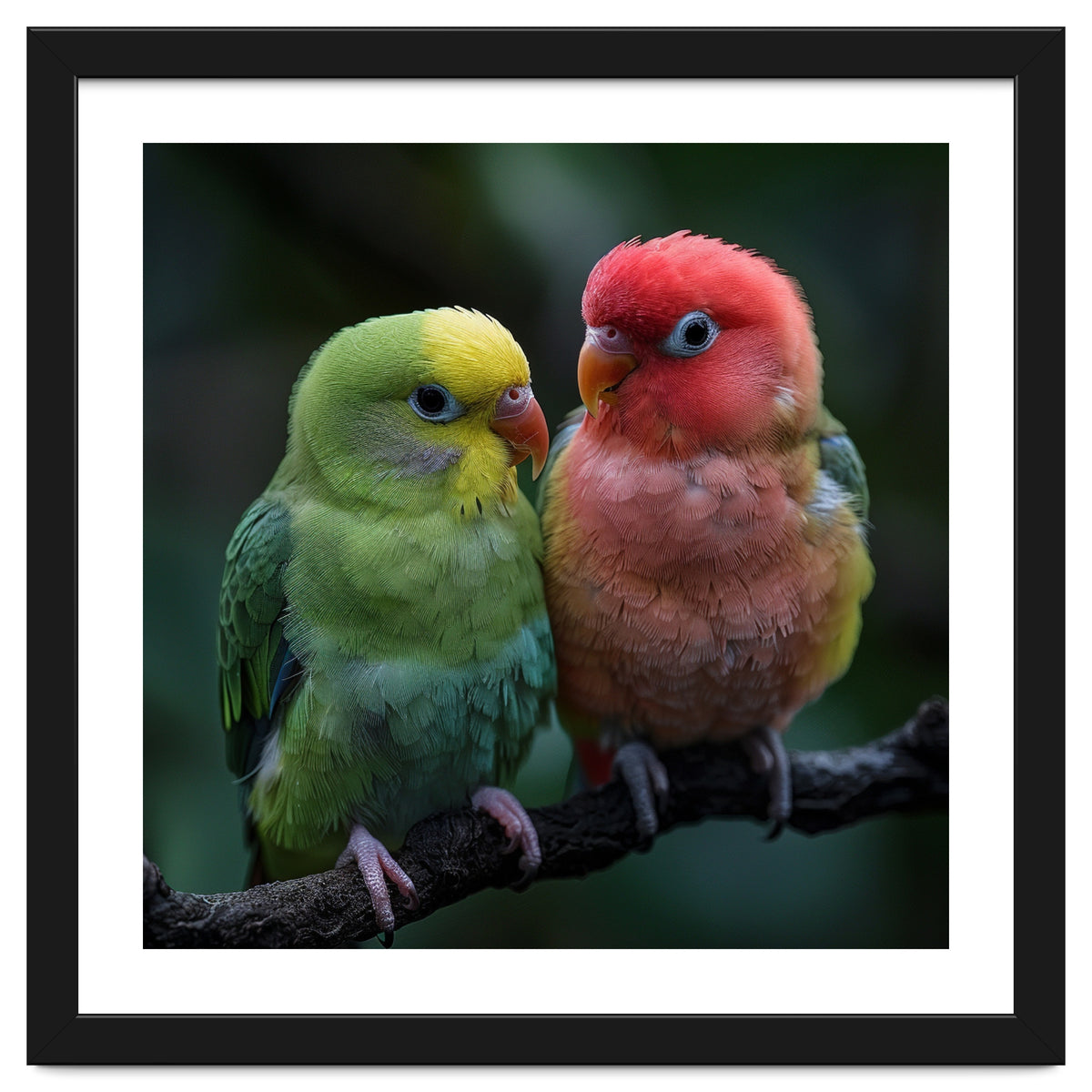 Two Lovebirds Sitting Together On A Branch